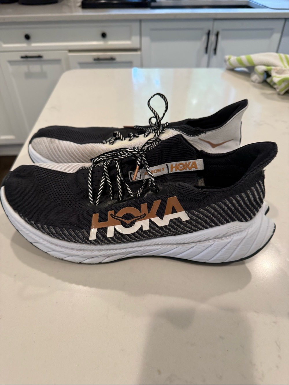 Hoka Black White and Brown/Gold Slip-On Running Sneakers Mens 13